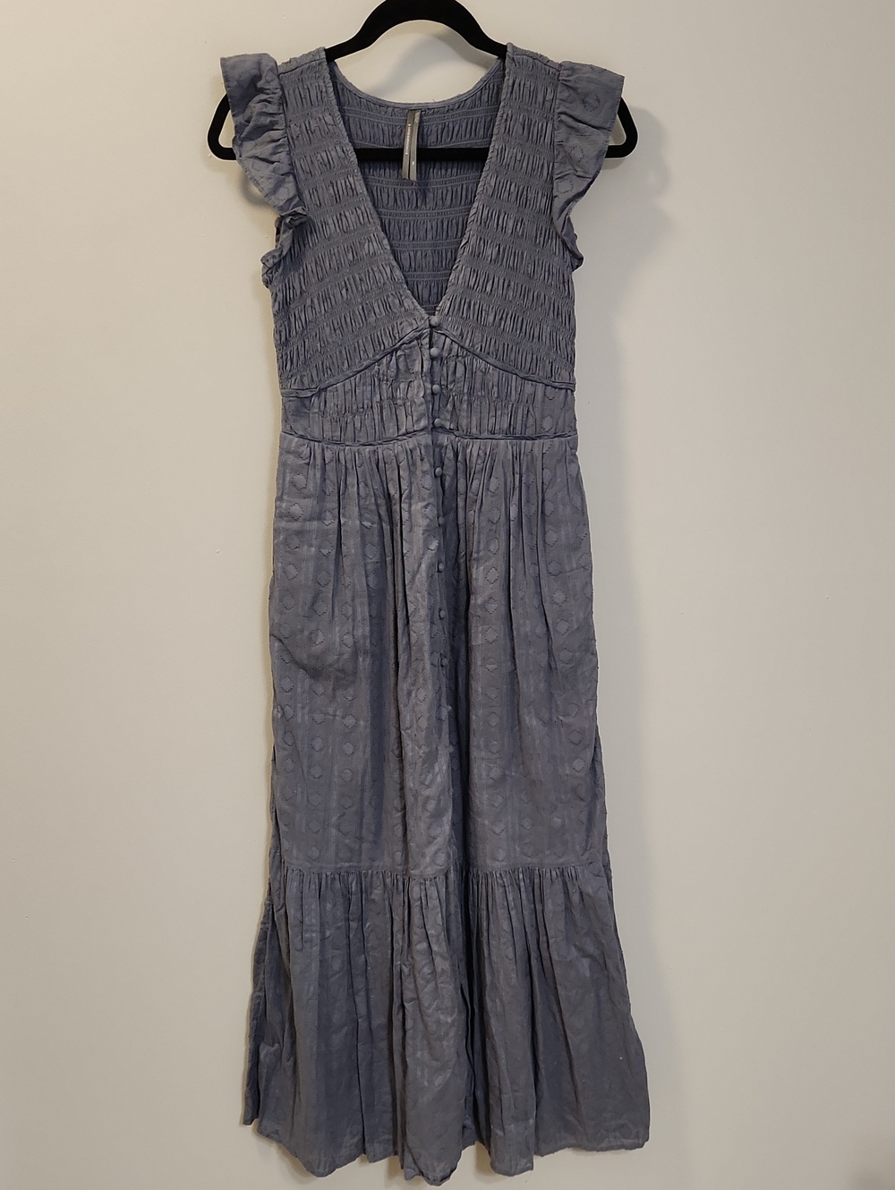 Anthropologie Blue Smocked Ruffle Tiered Cotton Maxi Dress XS